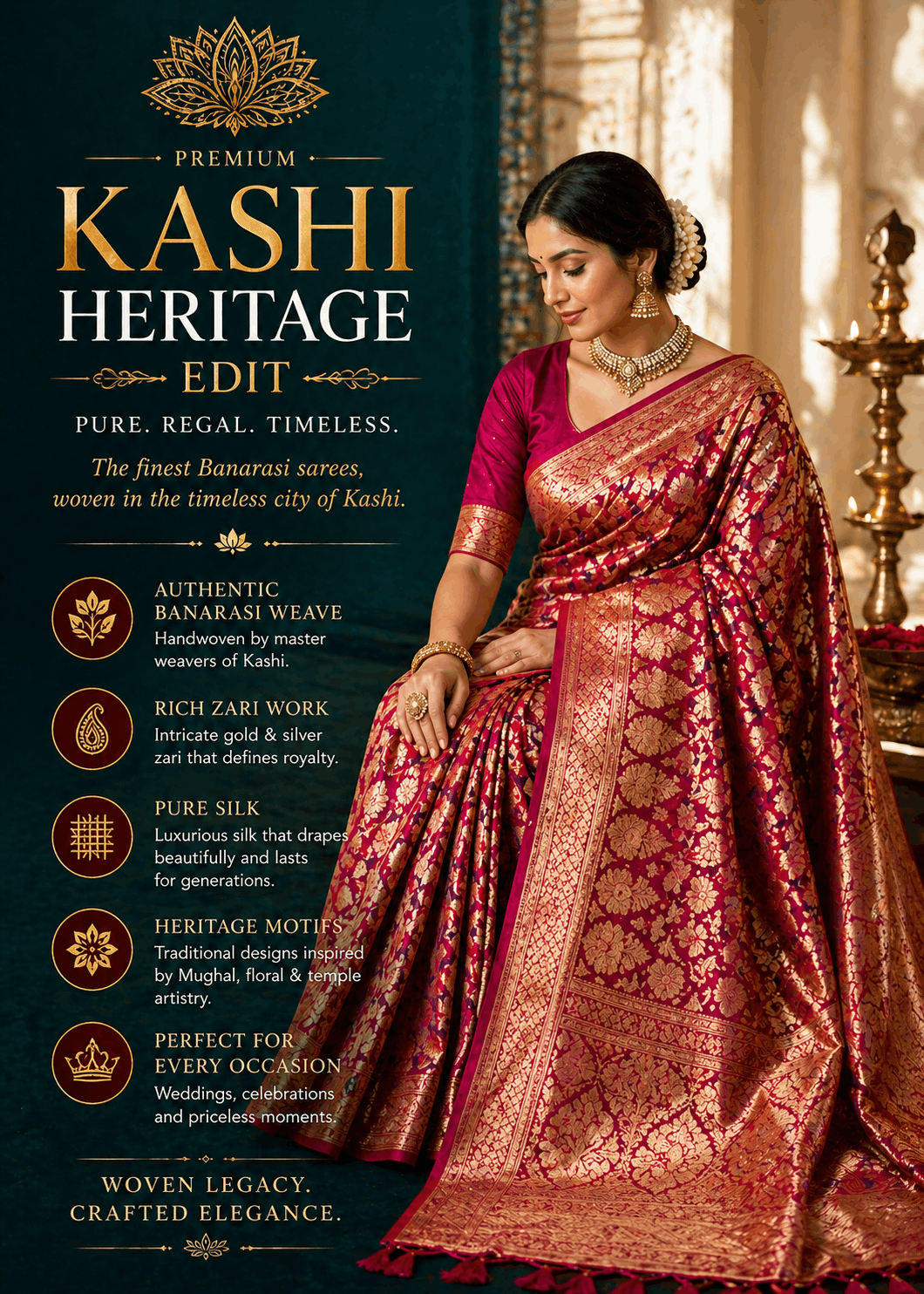 Luxury Banarasi silk sarees from the Kashi Heritage Edit featuring rich zari weaving, regal motifs, and timeless craftsmanship. Perfect premium wedding, bridal, festive, and heirloom sarees crafted in authentic Indian silk tradition.
