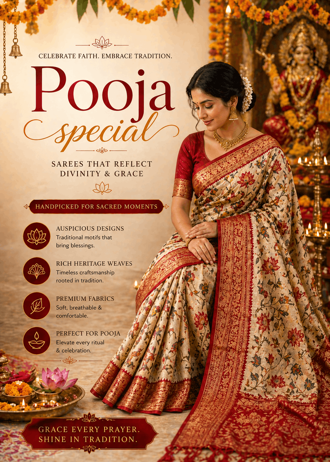 Premium Pooja Special saree collection featuring elegant festive sarees with rich borders, traditional motifs, and graceful drapes. Perfect for Durga Puja, Diwali, weddings, and sacred celebrations, blending craftsmanship with timeless Indian elegance.