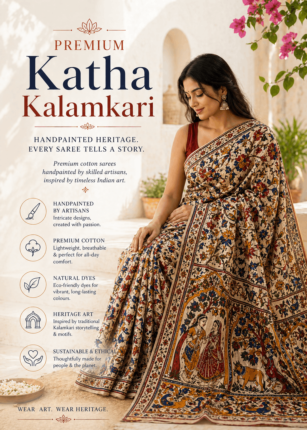 Premium Kalamkari sarees featuring artistic hand-painted and block-printed motifs, earthy tones, and rich heritage craftsmanship. Elegant handcrafted sarees blending Indian storytelling, artisan luxury, and timeless ethnic sophistication.