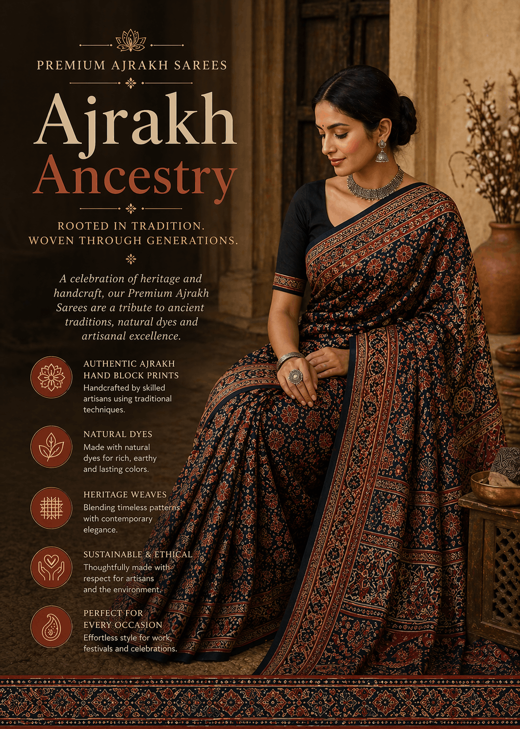 Premium Ajrakh sarees featuring authentic hand block prints, natural dyes, and heritage geometric motifs. Sustainable artisan-crafted sarees blending timeless craftsmanship, earthy elegance, and premium ethnic fashion for every occasion.