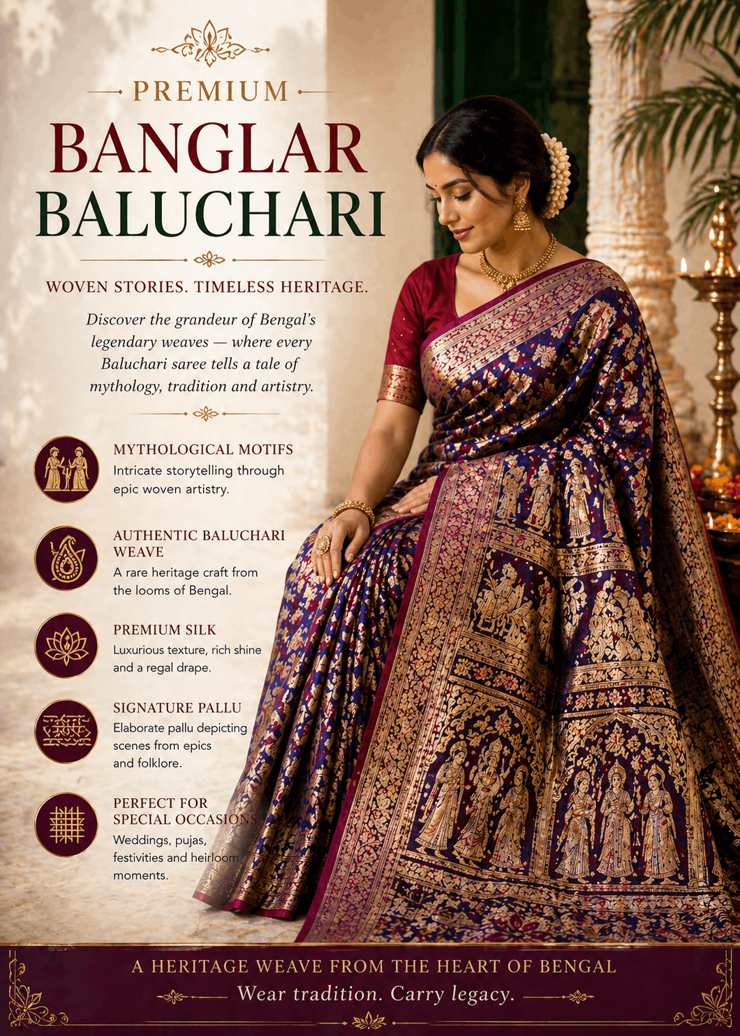 Premium Baluchari silk sarees showcasing intricate mythological motifs, rich woven borders, and Bengal’s timeless weaving heritage. Luxurious handloom sarees ideal for weddings, puja, festive celebrations, and heritage-inspired ethnic elegance.