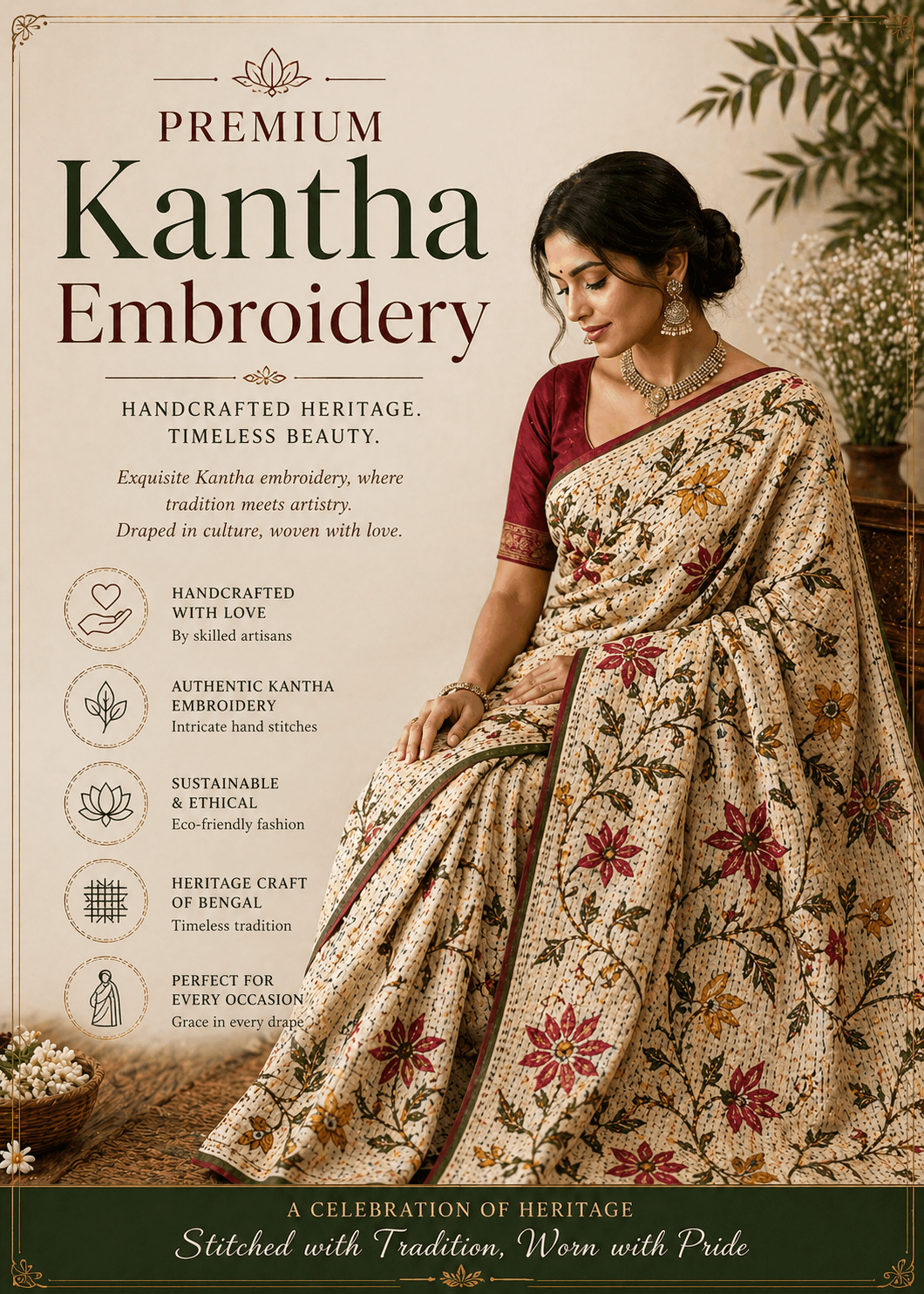 Premium handcrafted Kantha Stitch sarees featuring intricate hand embroidery, floral motifs, and artisan detailing inspired by West Bengal’s heritage. Elegant, breathable, sustainable handloom sarees for festive, office, and everyday luxury wear.