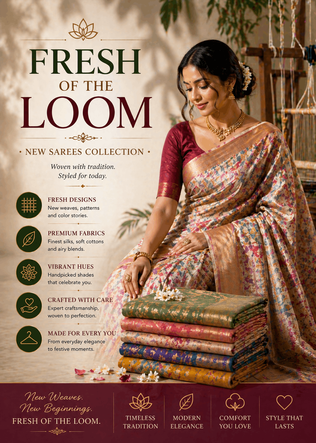Fresh of the Loom saree collection featuring new silk and cotton sarees with vibrant colors, elegant drapes, and handcrafted designs. Perfect for festive wear, office, and everyday elegance, blending modern style with traditional Indian craftsmanship.