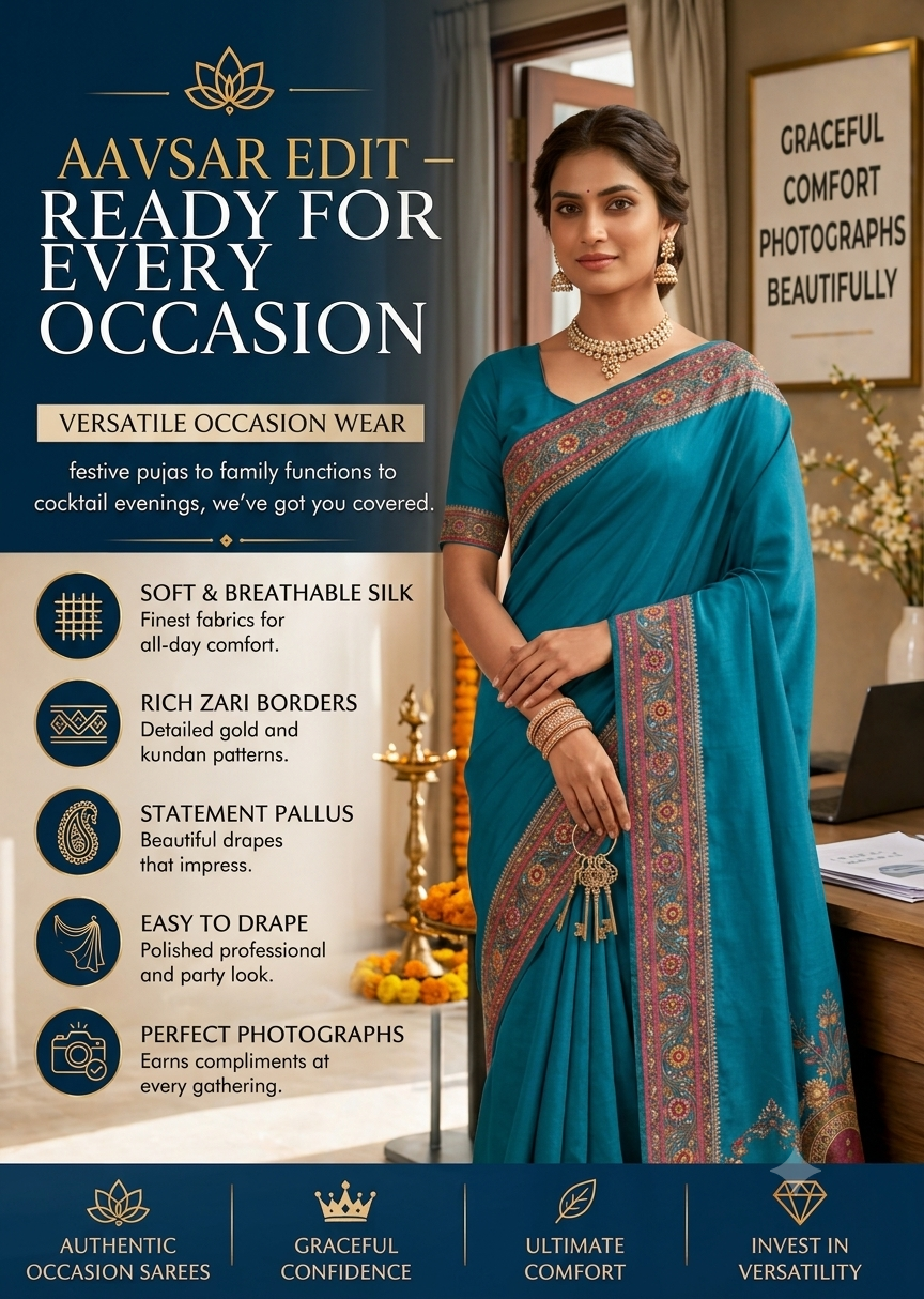 Woman in teal silk saree with embroidered floral border and blouse, from the Aavsar Edit occasion wear saree collection