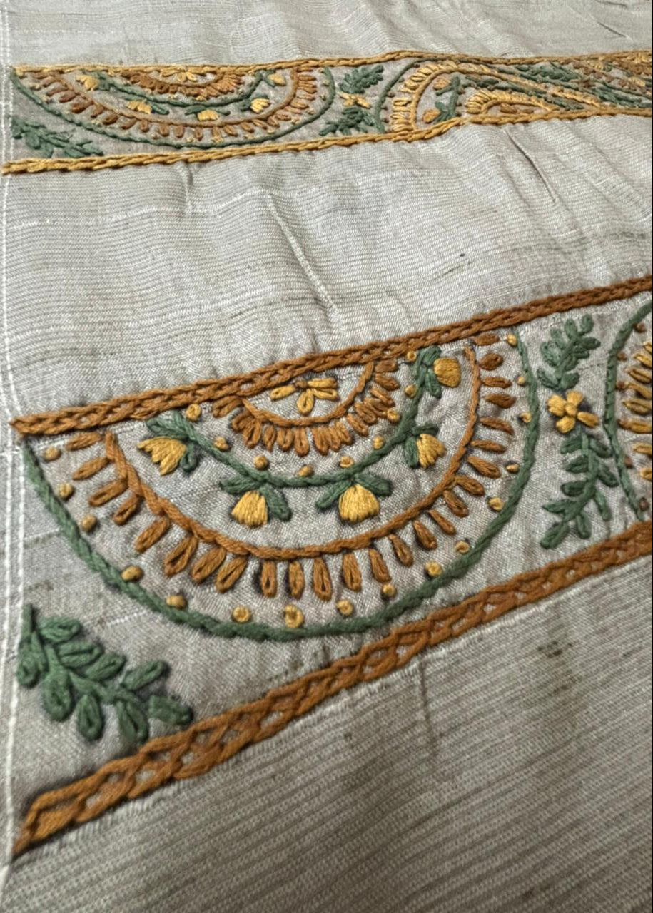Closeup of a Terracotta and ivory white colored Kantha saree with  handcrafted embroidery 