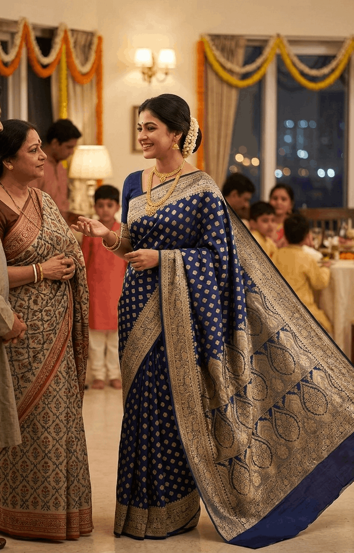 A woman wearing a beautiful navy blue Banarasi Silk Saree with intricate golden zari work interacting with other guests in a family gathering 