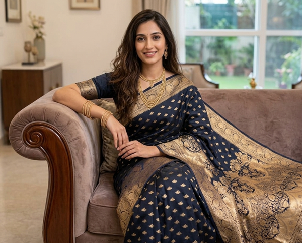A Woman in a navy blue color banarasi silk saree with gold zari details sitting on a sofa in a living room.