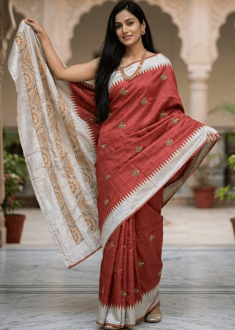 Terracotta Kantha saree with ivory border and handcrafted embroidery 