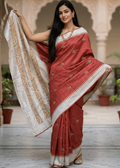 Terracotta Kantha saree with ivory border and handcrafted embroidery 