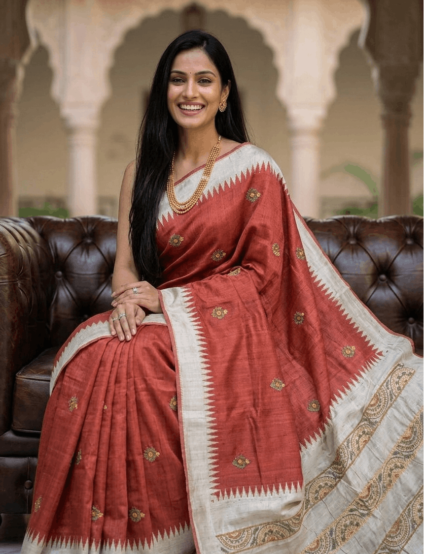 Woman wearing rust red Bulian Kantha stitch saree with traditional weaving