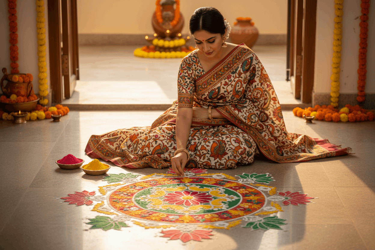 A Woman wearing a Kalamkari saree, making Rangoli at Home with colour powder on the floor with powder colours on the occasion of some festival