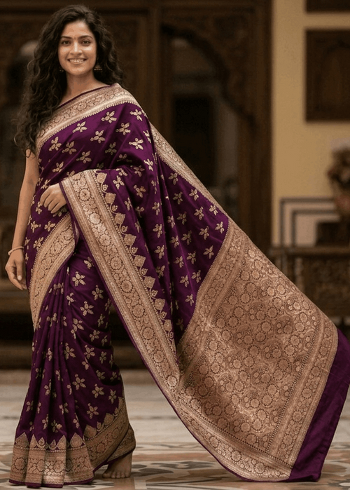 Wine and orchid dualtone handwoven Banarasi silk saree with gold zari floral booti motifs and ornate woven border, draped on model