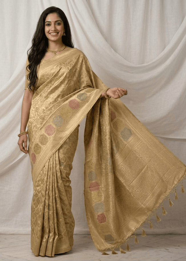 Woman wearing antique gold Banarasi saree with pastel motifs for wedding occasion