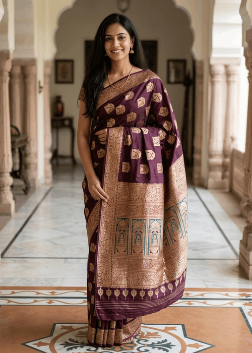 A woman wearing a wine color and gold Baluchari silk saree stands in a traditional corridor with arches. The saree features intricate gold zari embroidery and motifs, with a wide gold border and teal accents on the pallu.