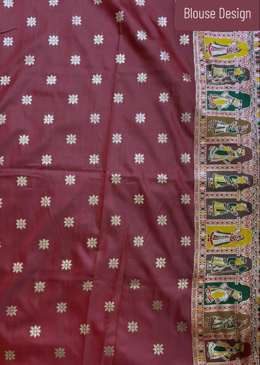 Maroon Blouse for Green saree with white floral patterns and colorful border featuring figures