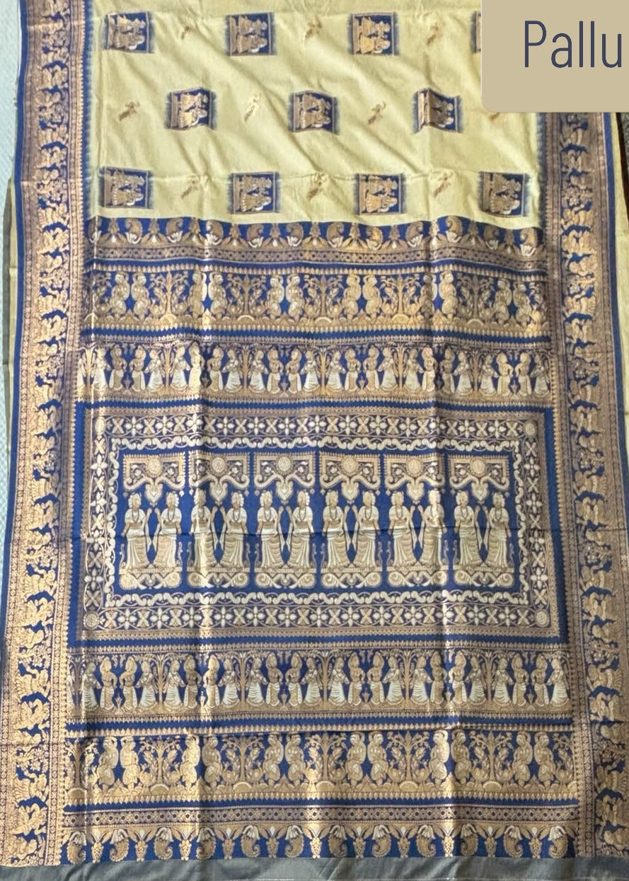 A traditional Indian pallu fabric panel of Baluchari silk, featuring a cream base with intricate blue and gold zari woven patterns and motifs.