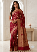 A woman modeling a deep red Banarasi silk saree with gold zari motifs and a wide gold border, standing in a bright, elegant room with cream walls and a small table holding a lit candle.