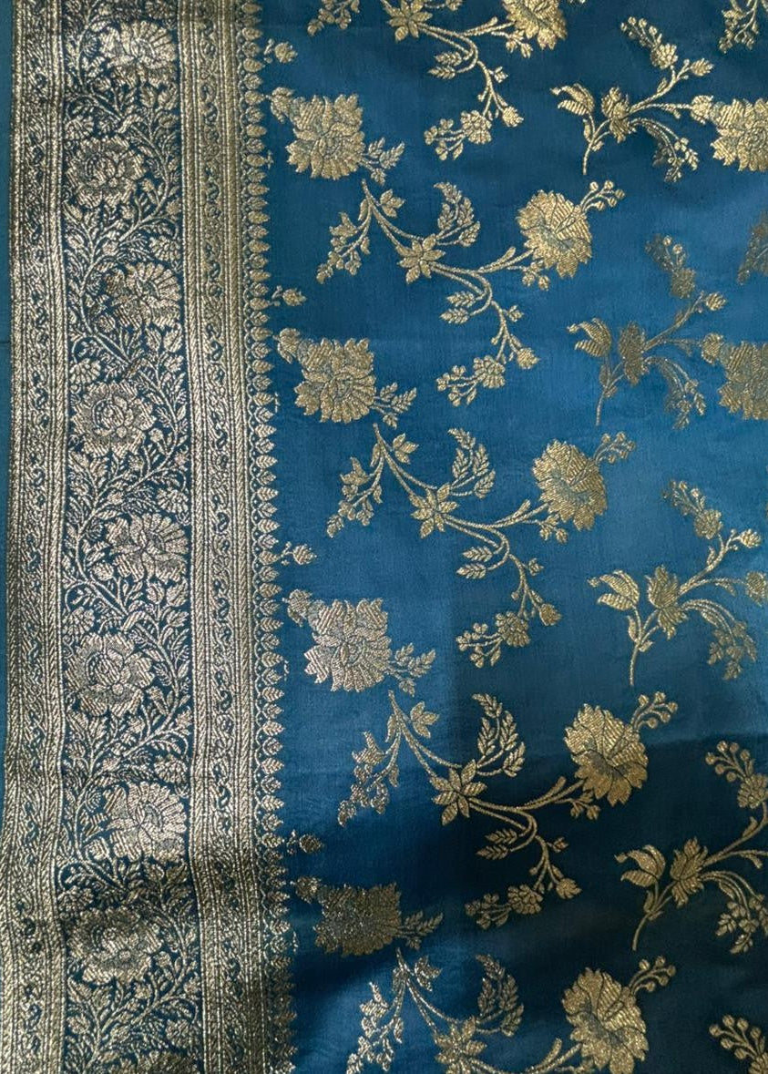 Zari work Intricate border details of a beautiful teal Blue Banarasi Silk Sare