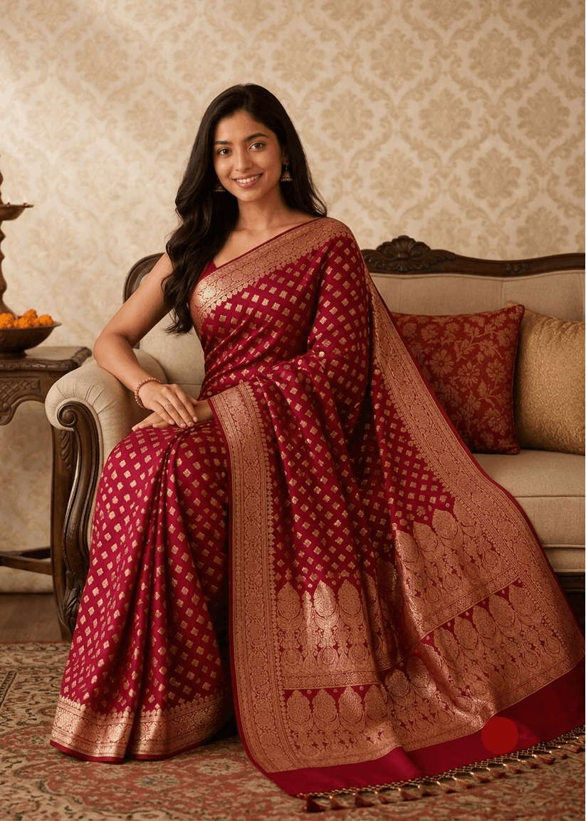 A woman wearing a deep red and gold Banarasi silk saree sits on a beige sofa in a traditional Indian living room setting.