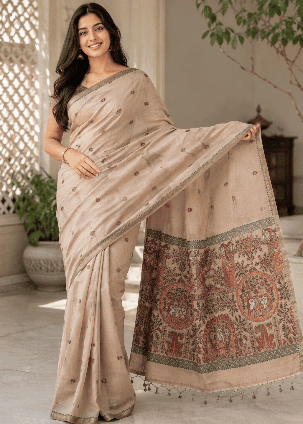 Full-length view of a woman elegantly posing in a lightweight, sandstone-beige Baluchari silk saree. The saree features delicate, small 'buti' motifs on the main body and an intricate, contrasting maroon and beige pallu with traditional mythological figures and narrative scenes. The style is classic and refined, perfect for festive or heritage wear