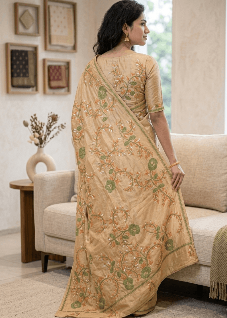 VanaLata Kantha Stitch Saree in elegant beige-gold cotton silk blend with handcrafted floral vine embroidery, artistic pallu detailing, and Bengal handloom craftsmanship ideal for festive and contemporary ethnic wear.