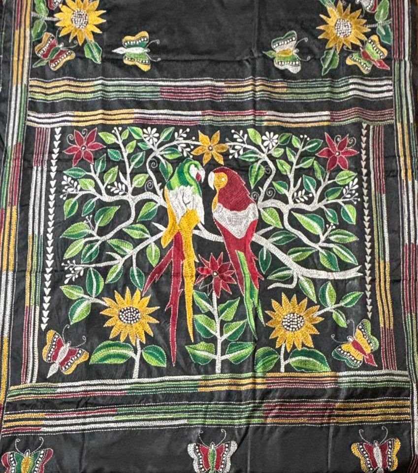 Artistic black saree with colorful floral and bird Kantha stitching 