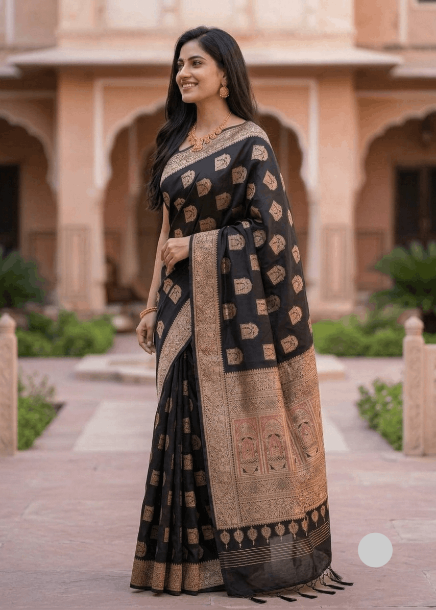 Woman draped in midnight black Baluchari silk saree, heritage handloom
