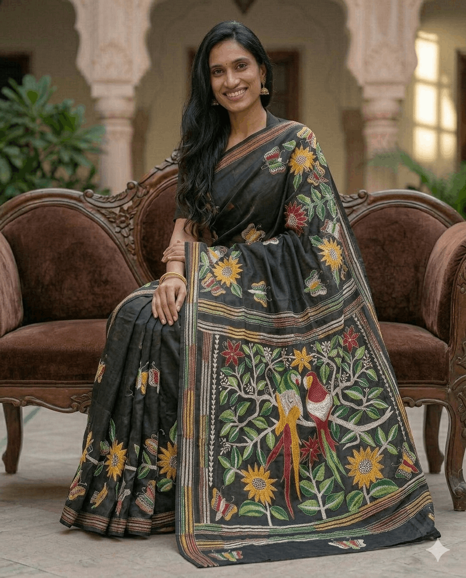 Handloom Kantha saree from West Bengal with bird and tree embroidery