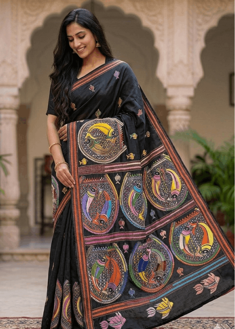 Black Kantha saree with multicoloured fish motifs and handcrafted embroidery 