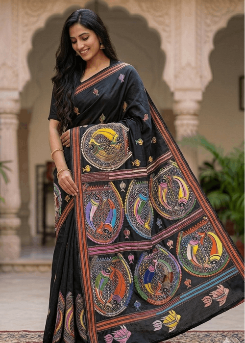 Black Kantha saree with multicoloured fish motifs and handcrafted embroidery 