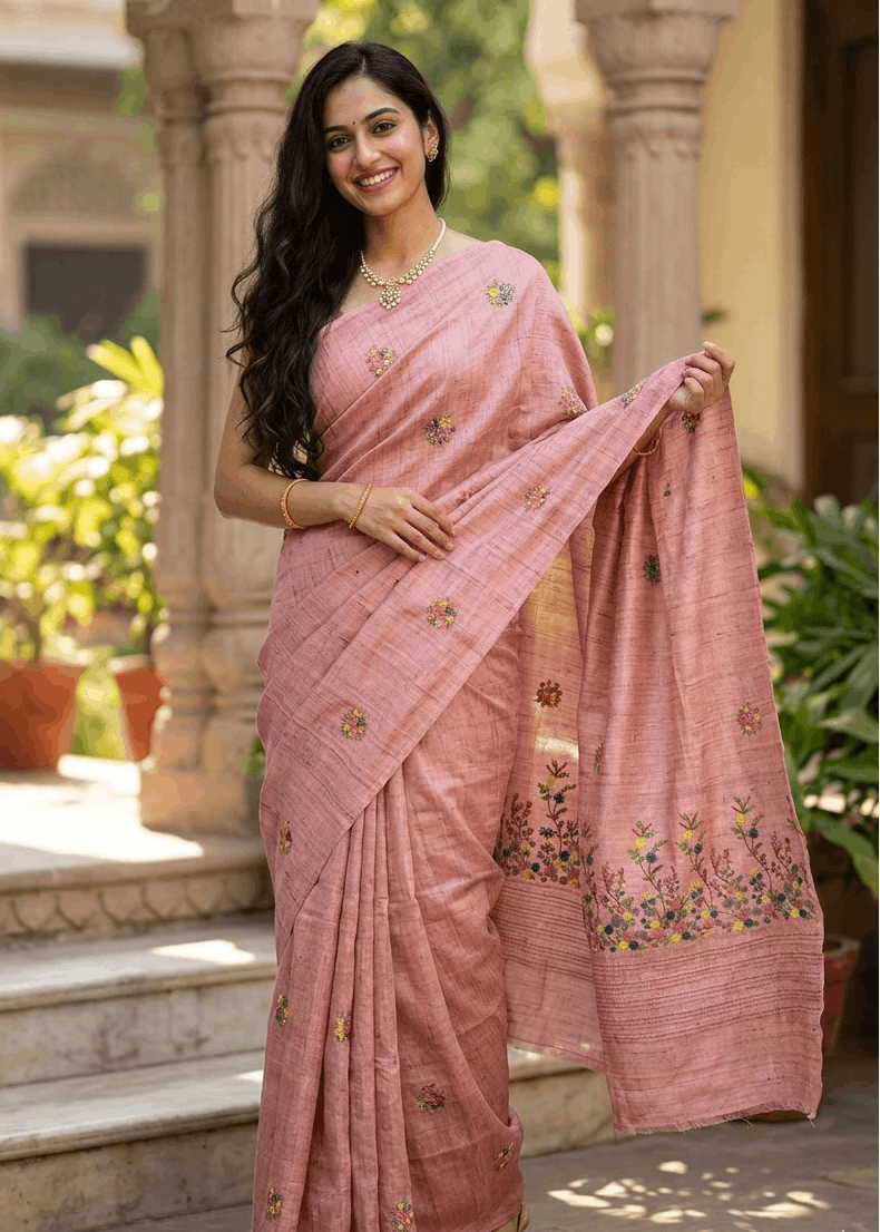 Woman wearing blush bloom Kantha stitch saree with floral threadwork 