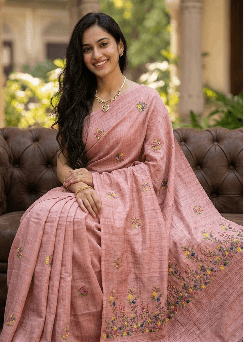 Handloom pink Kantha saree from West Bengal with intricate embroidery 