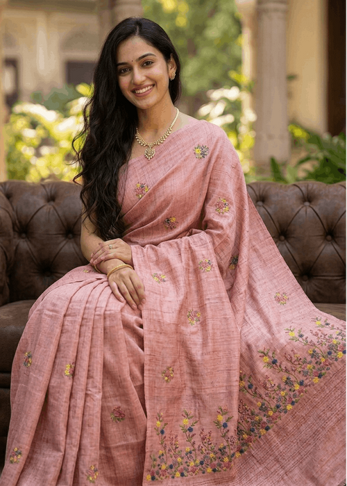 Handloom pink Kantha saree from West Bengal with intricate embroidery 