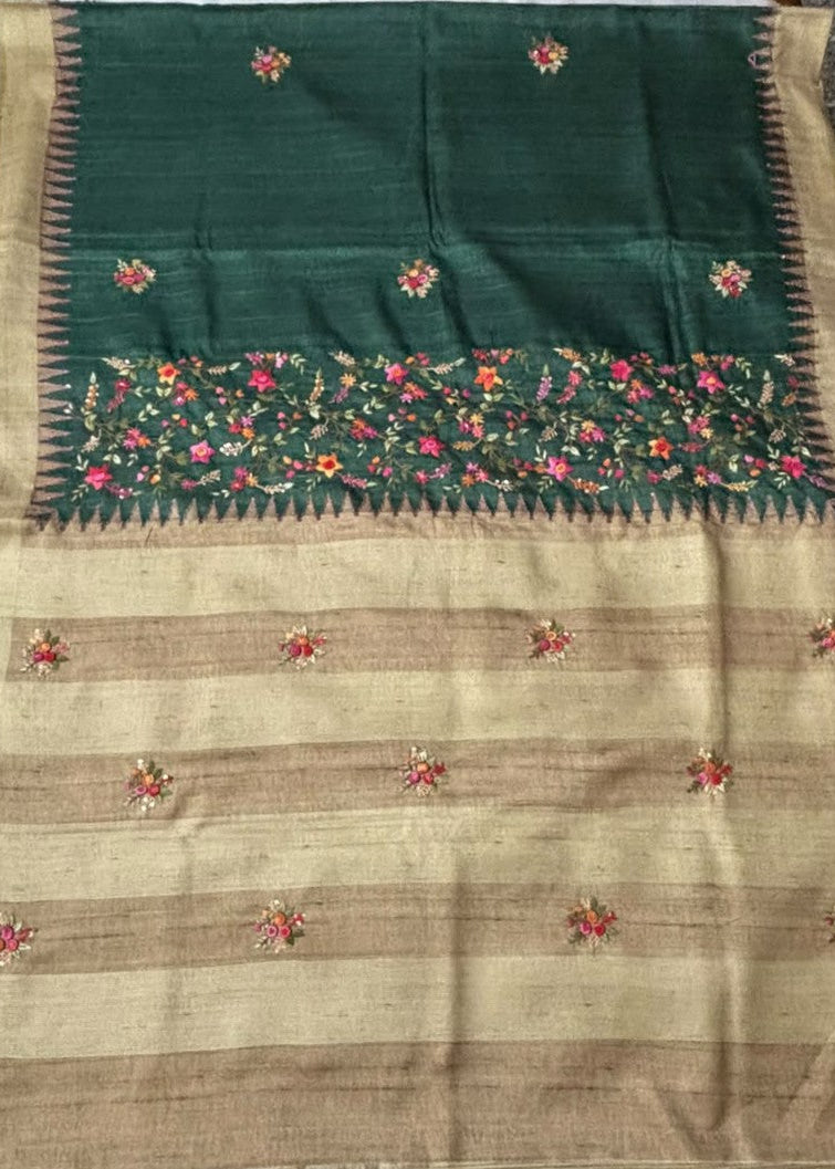 Bottle green and beige Boolian Kantha saree with hand-stitched floral garden border and striped pallu