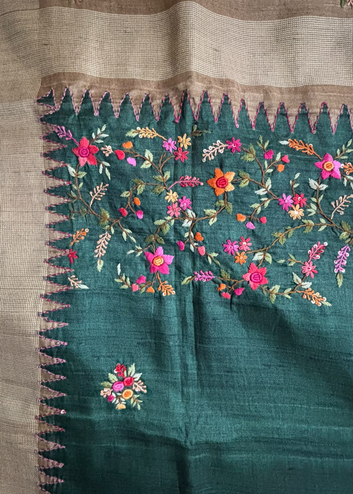 Temple border on bottle green Boolian Kantha saree with natural beige edge
