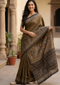 Olive brown Bulian Kantha stitch saree with handcrafted floral embroidery 