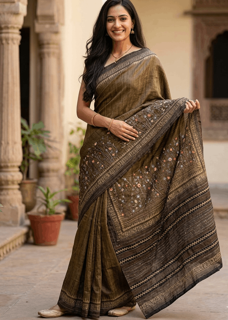 Olive brown Bulian Kantha stitch saree with handcrafted floral embroidery 