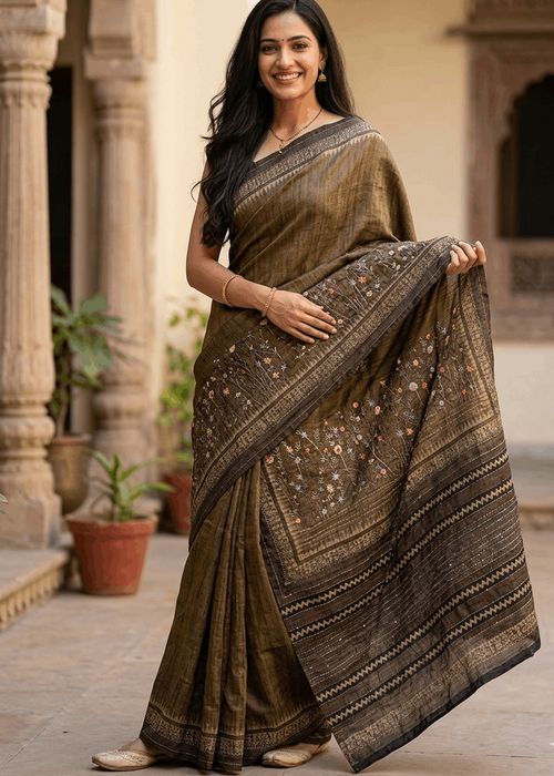 Olive brown Bulian Kantha stitch saree with handcrafted floral embroidery 