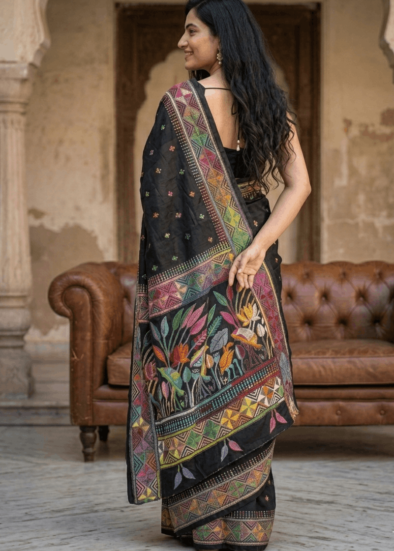 Elegant black Chitralekha Kantha Saree featuring intricate multicolour handcrafted floral embroidery with artistic geometric border detailing. Premium Bengal handloom saree ideal for festive occasions, cultural events, office elegance, and timeless ethnic wear.