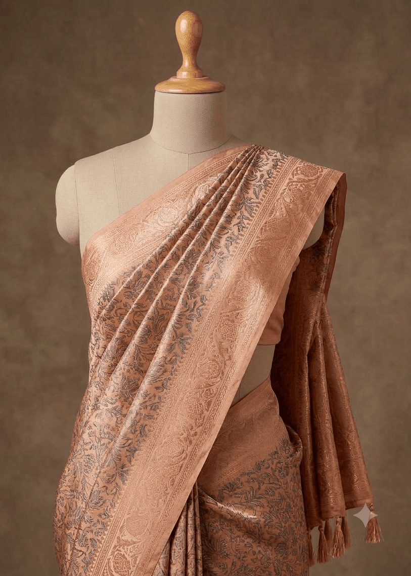 An Orange Copper-colored Banarasi silk saree with intricate brown floral patterns, draped on a cream-colored mannequin against a textured brown studio background.