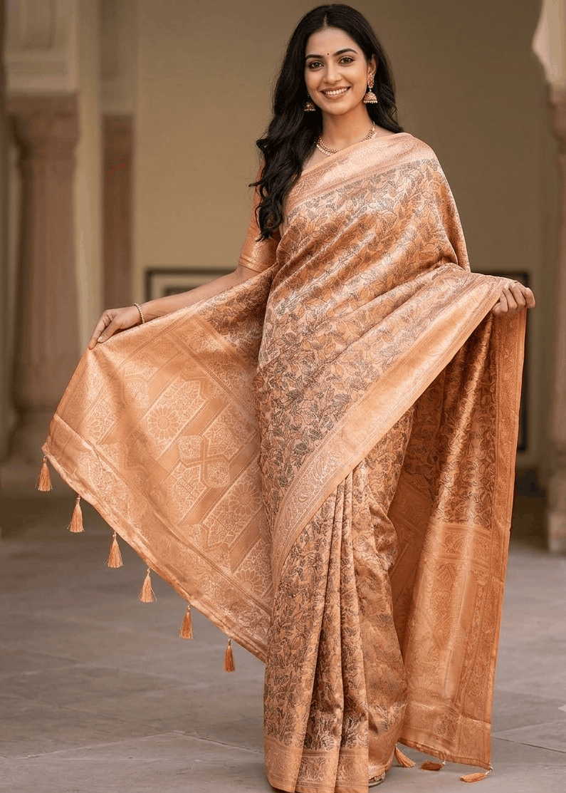 A woman wearing a Copper-Orange coloure4d Banarasi silk saree with intricate gold zari embroidery and tassel borders, standing in a stone corridor.