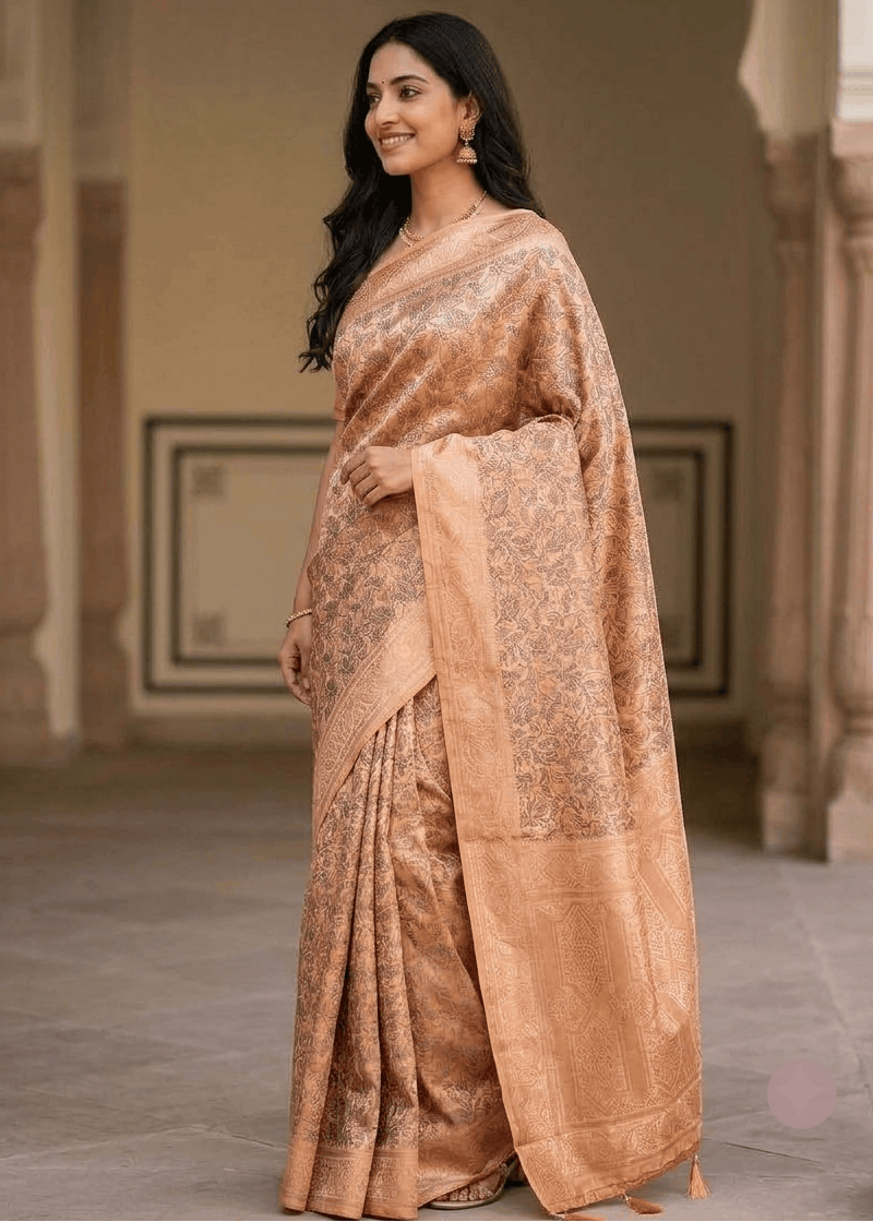 Woman wearing copper Banarasi silk saree with zari pallu for wedding occasion