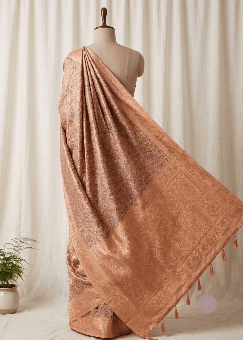 A orange-colored silk Banarasi saree with intricate metallic zari embroidery, draped elegantly on a mannequin against a cream-colored curtain backdrop, with a small potted plant on the left.