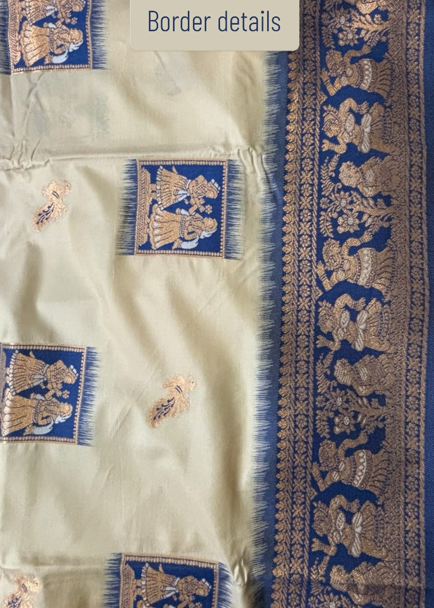 Close-up of a cream-colored Baluchari Sarees with blue and gold woven border details and small embroidered motifs, labeled 'Border details' at the top.