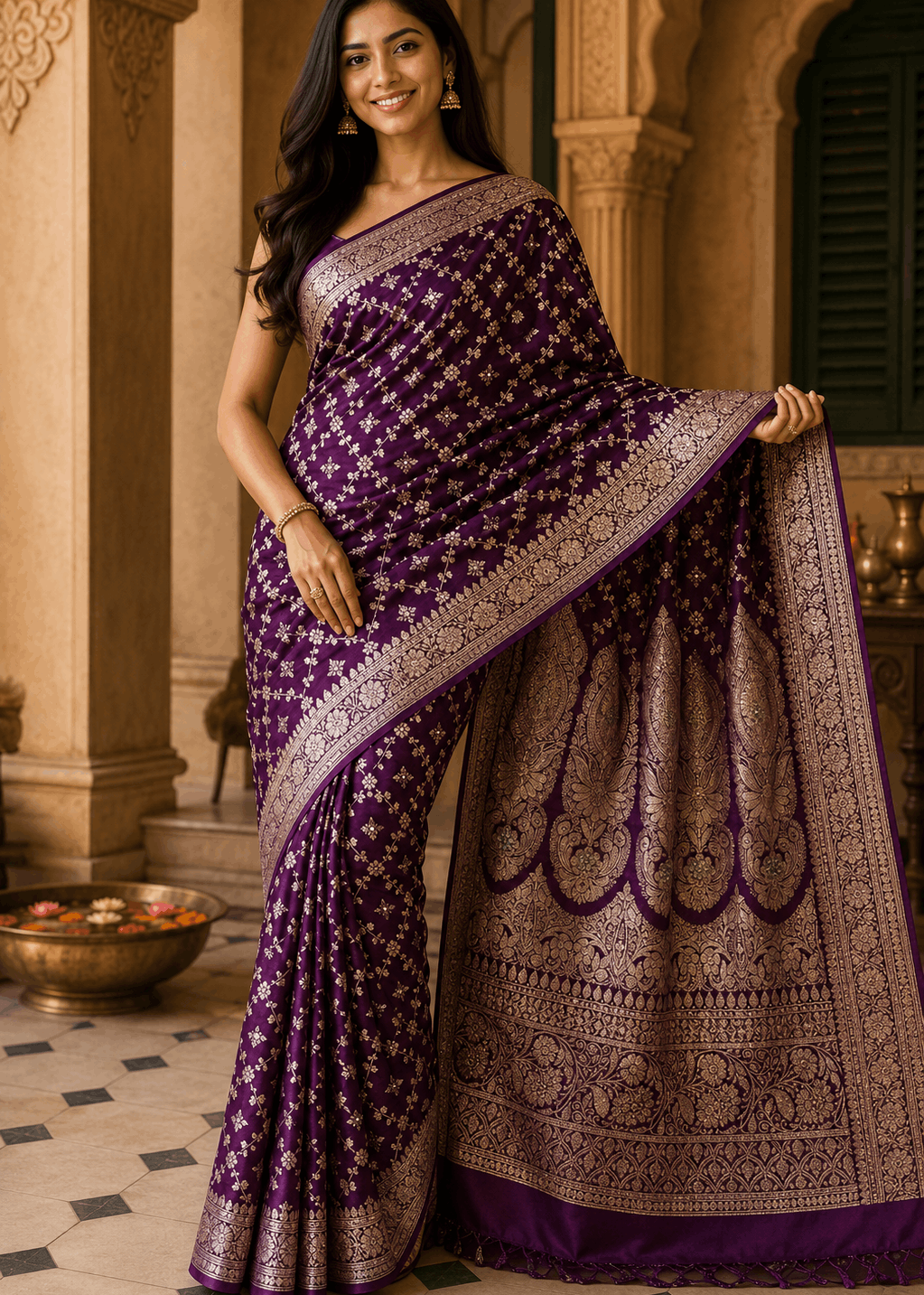 Deep purple floral buti Banarasi silk saree with antique gold zari pallu draped on model in traditional setting