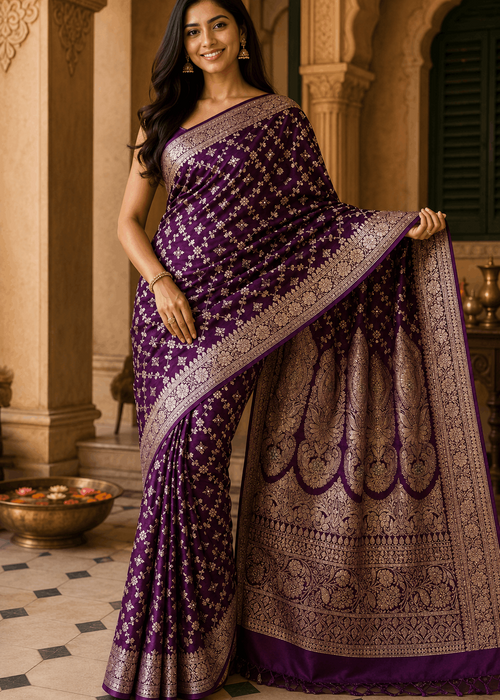 Deep purple floral buti Banarasi silk saree with antique gold zari pallu draped on model in traditional setting