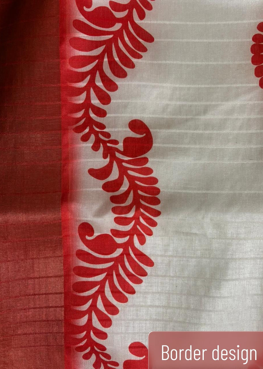white handloom saree Border with Durga motif pallu, red border and traditional Bengali design, perfect for Pujo and festive occasions