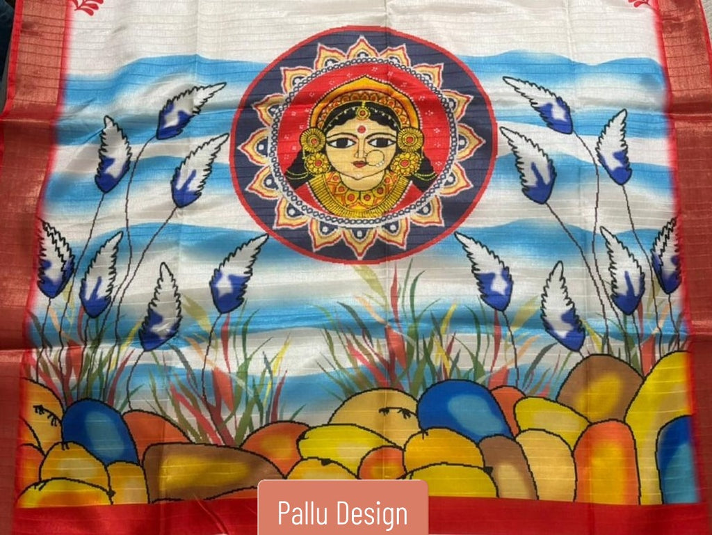 Woman wearing white handloom saree with Durga motif pallu, red border and traditional Bengali design, perfect for Pujo and festive occasions