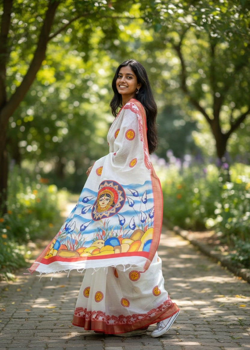 Woman wearing white handloom saree with Durga motif pallu, red border and traditional Bengali design, perfect for Pujo and festive occasions