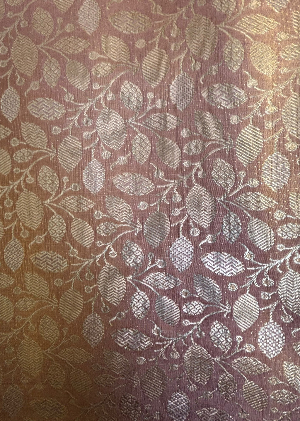Rich antique gold zari pallu of dusty rose Banarasi silk saree